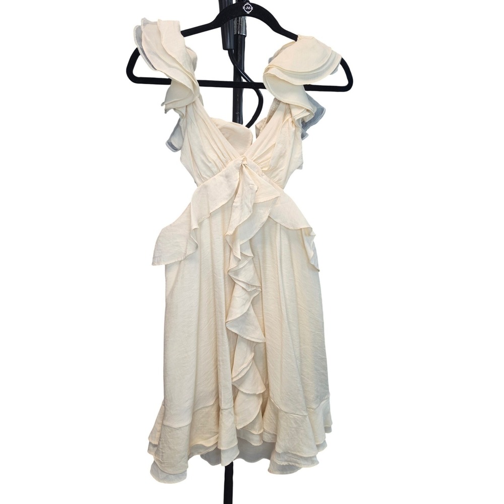 Rosevelvet Women Cream Ruffle Cutout Mini Dress Open Back V-Neck Ivory Size M - Picture 2 of 6